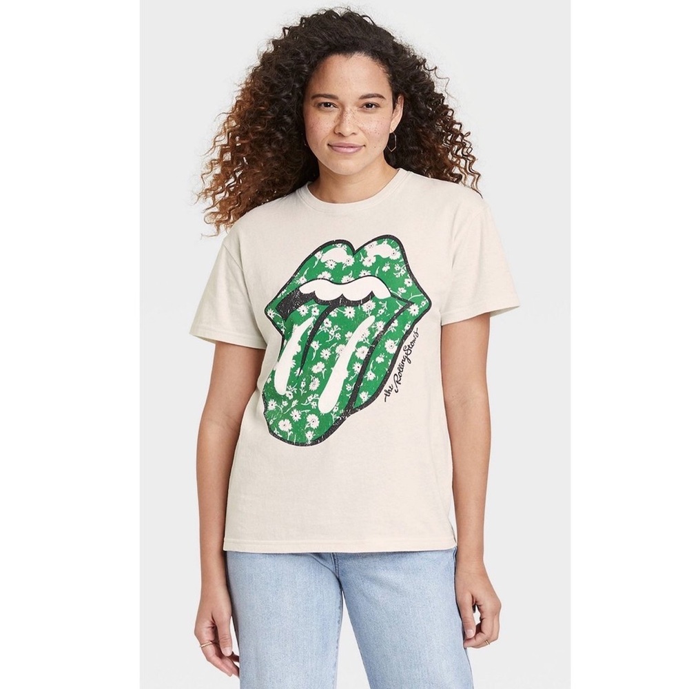 The Rolling Stones Graphic Tee with Floral Print Green Lips Design